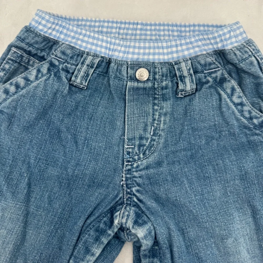 Baby Gap Denim Carpenter Pants Medium Wash Gingham Waist Size 6-12M Y2K 2000s